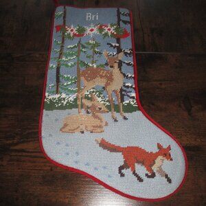 NWOT L.L. Bean Needlepoint front Christmas Stocking ~ "BRI" Embroidered ~Animals